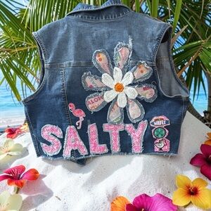 Handmade 'SALTY' Patchwork Denim Vest with Daisy